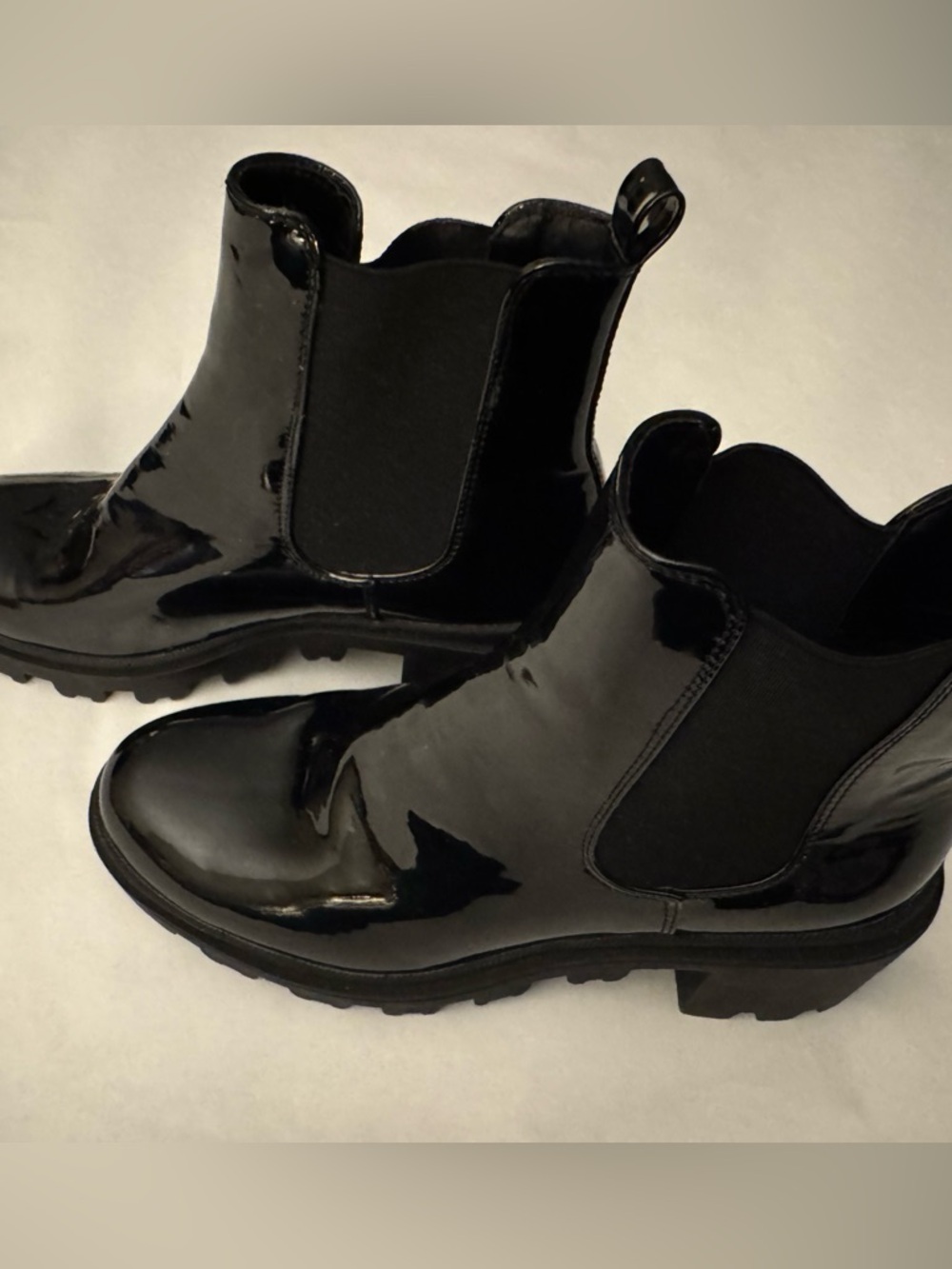 JustFab Black Patent Chelsea Lug Ankle Boots - Picture 3 of 9
